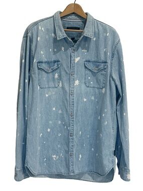 John Varvatos USA Bleached Distressed Denim Shirt XXL Blue Light Wash